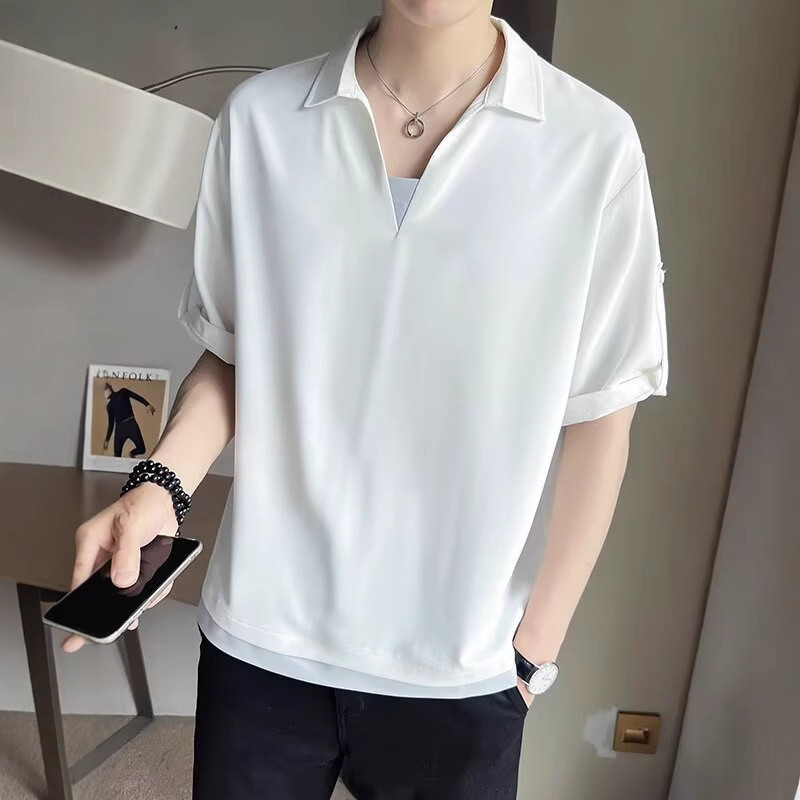 Ice Silk Short Sleeve Polo Shirt T-shirt Men's Summer Fake Two-Piece Lapel Harajuku Style Trendy Hal