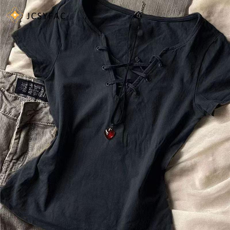 Áo thun nữ ren gợi cảm, style Y2K tay ngắn, mới nhất