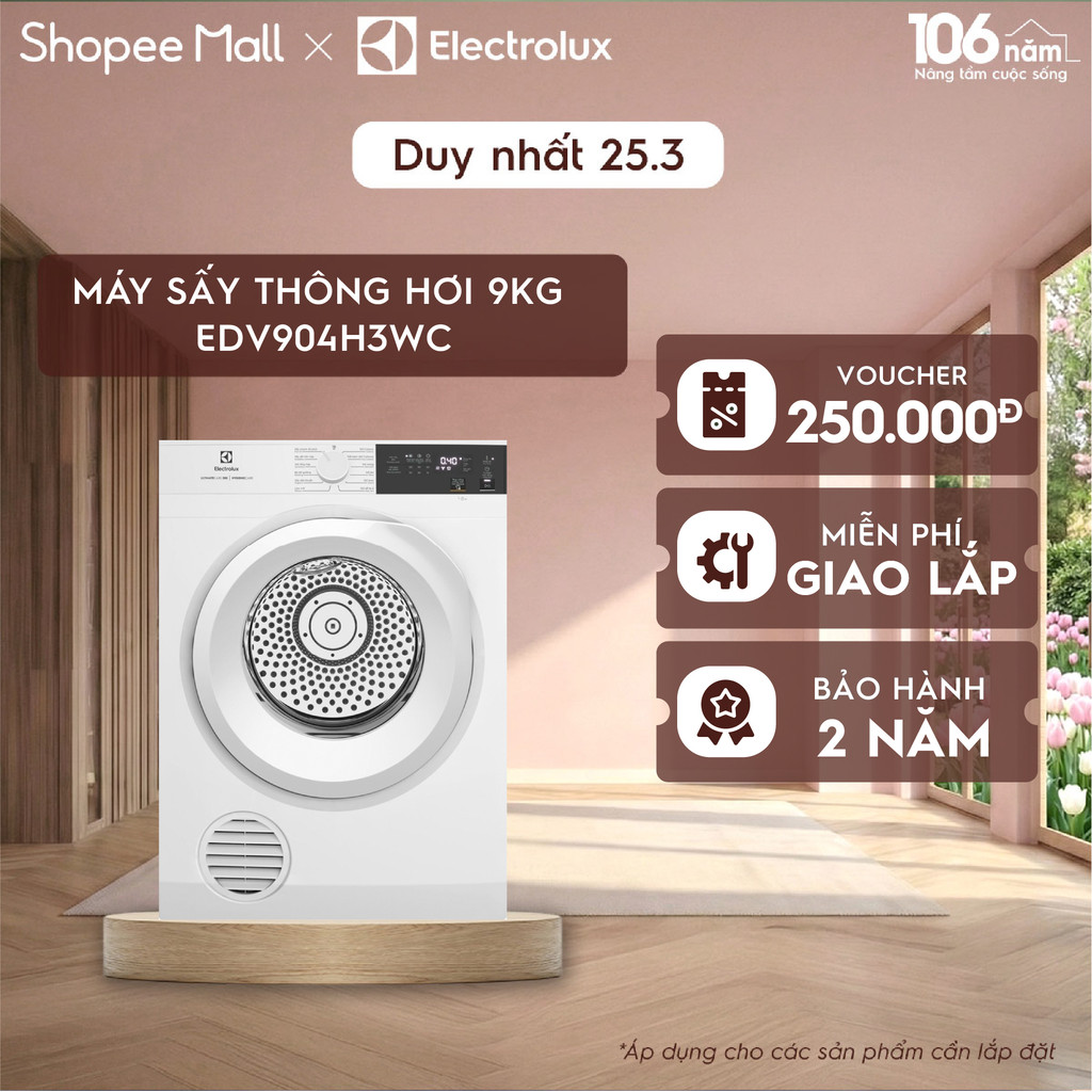 Free giao lắp - Máy sấy thông hơi 9KG Electrolux EDV904H3WC - sấy đảo chiều chống nhăn, diệt khuẩn, bền màu