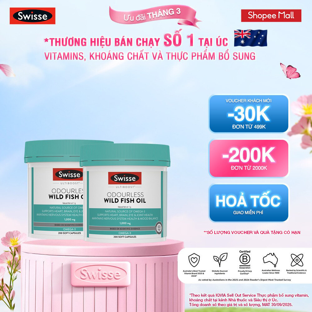 Combo 2 lọ dầu cá Swisse Ultiboost Odourless Wild Fish Oil 1000mg 200 viên/lọ