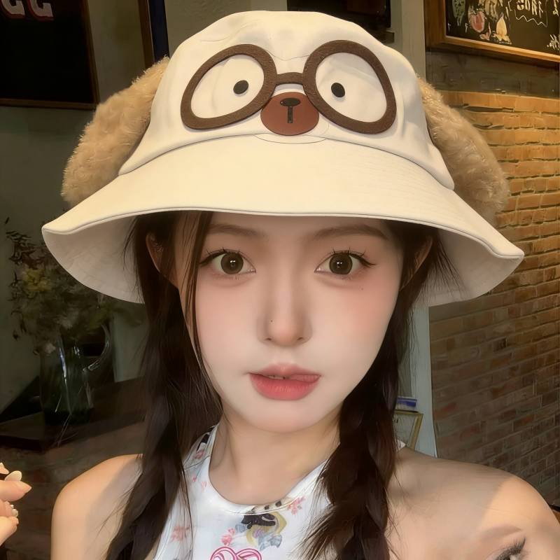 Western Style Trending Cartoon Glasses Frame Bucket Hat All-Match and Cute Cat Dog Bear Bucket Hat B