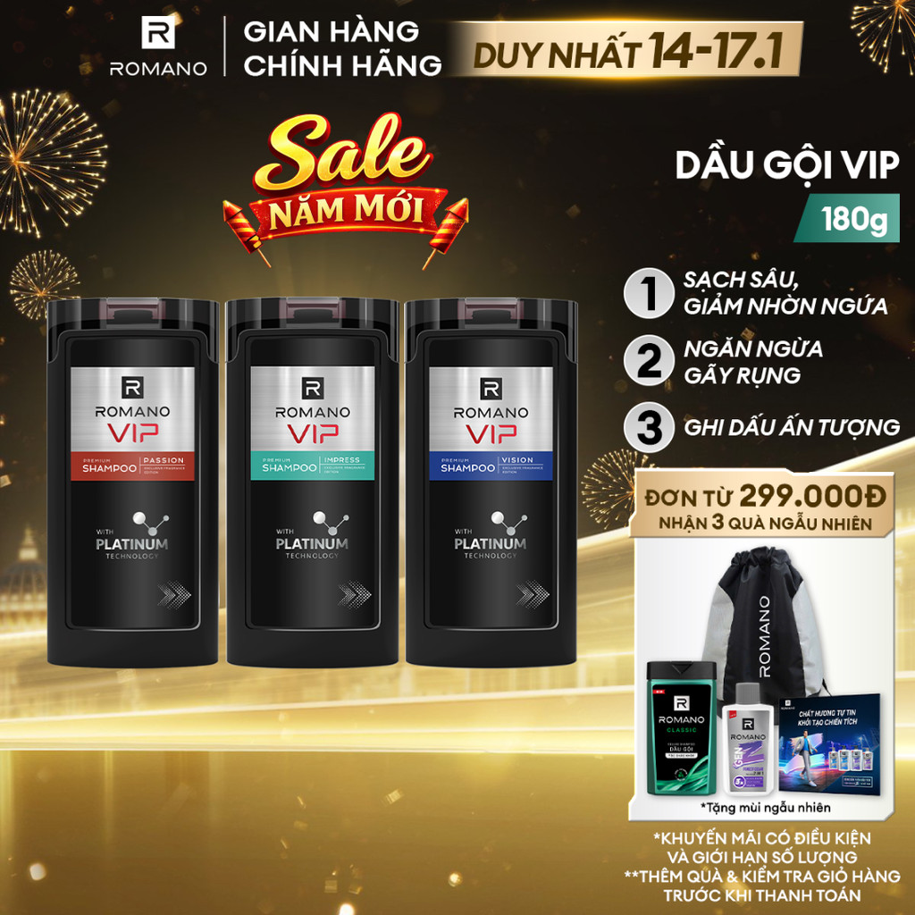 Dầu gội nam cao cấp Romano VIP mạnh mẽ bí ẩn Passion / Vision / Impress 180g