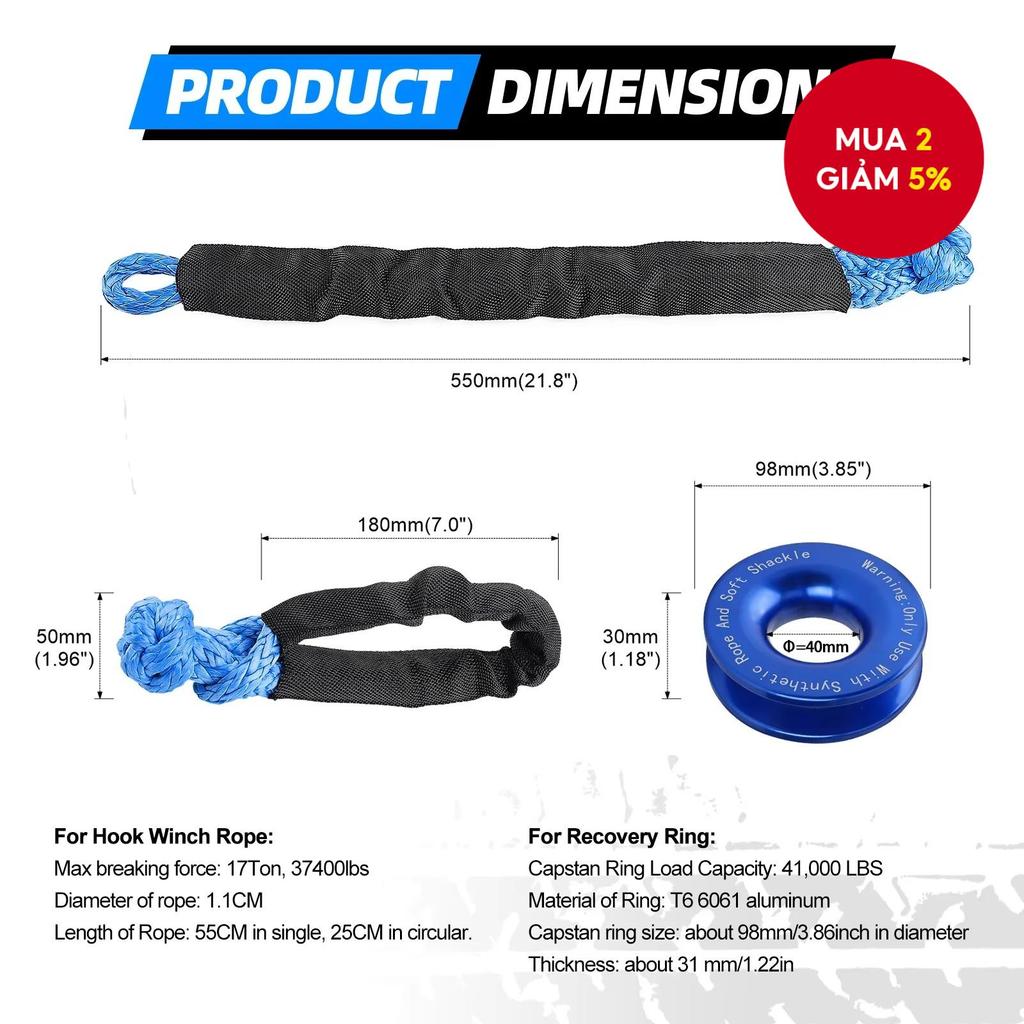 Dây đeo mềm tổng hợp, chịu tải nặng, dùng kéo xe offroad 4x4, có tay bảo vệ cho Jeep, Truck, SUV.