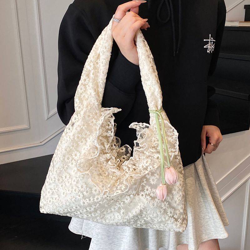 Flower Commuter Canvas Bag Shoulder Tote Bag Underarm Lace Canvas Bag N9Ra