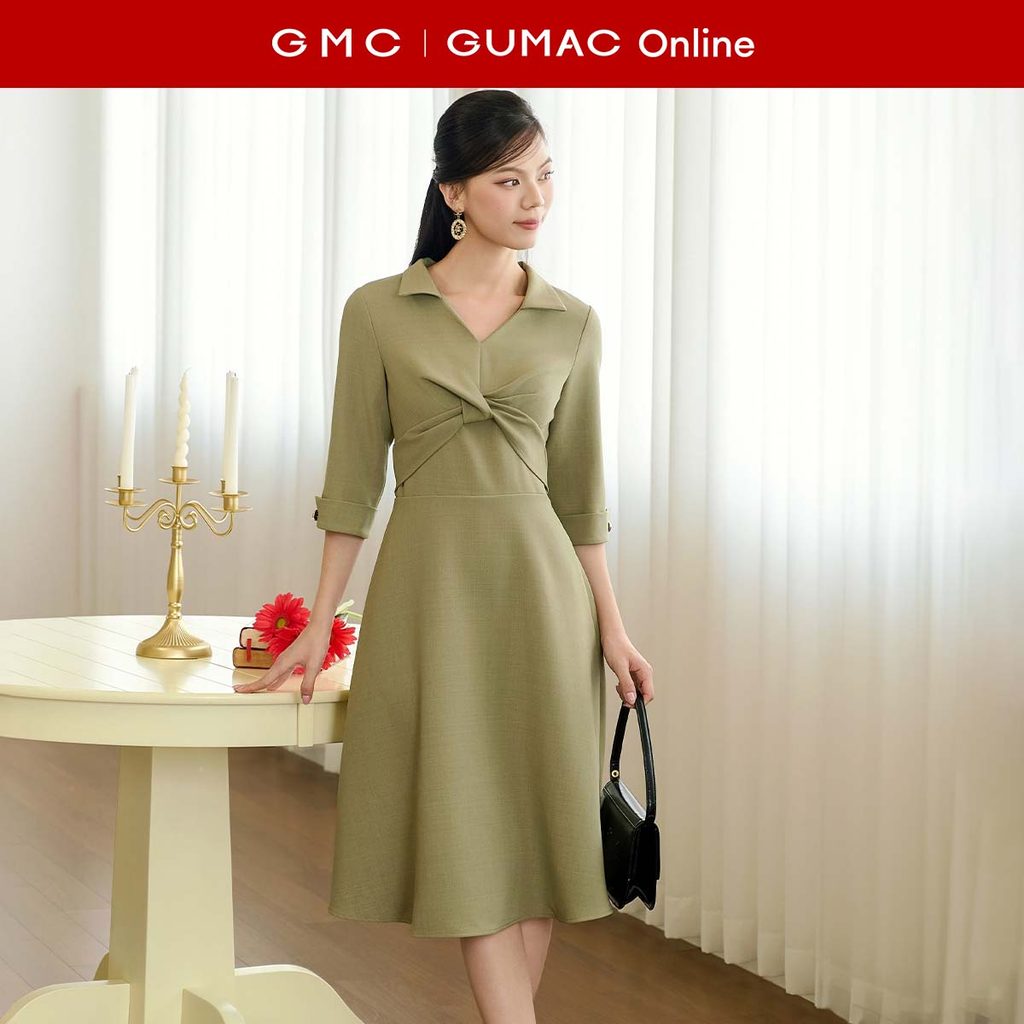 [MUA 2 GIẢM 25K] Đầm nữ dáng A phối cổ sơ mi tạo xoắn điểm nhấn thời trang GUMAC DF11009