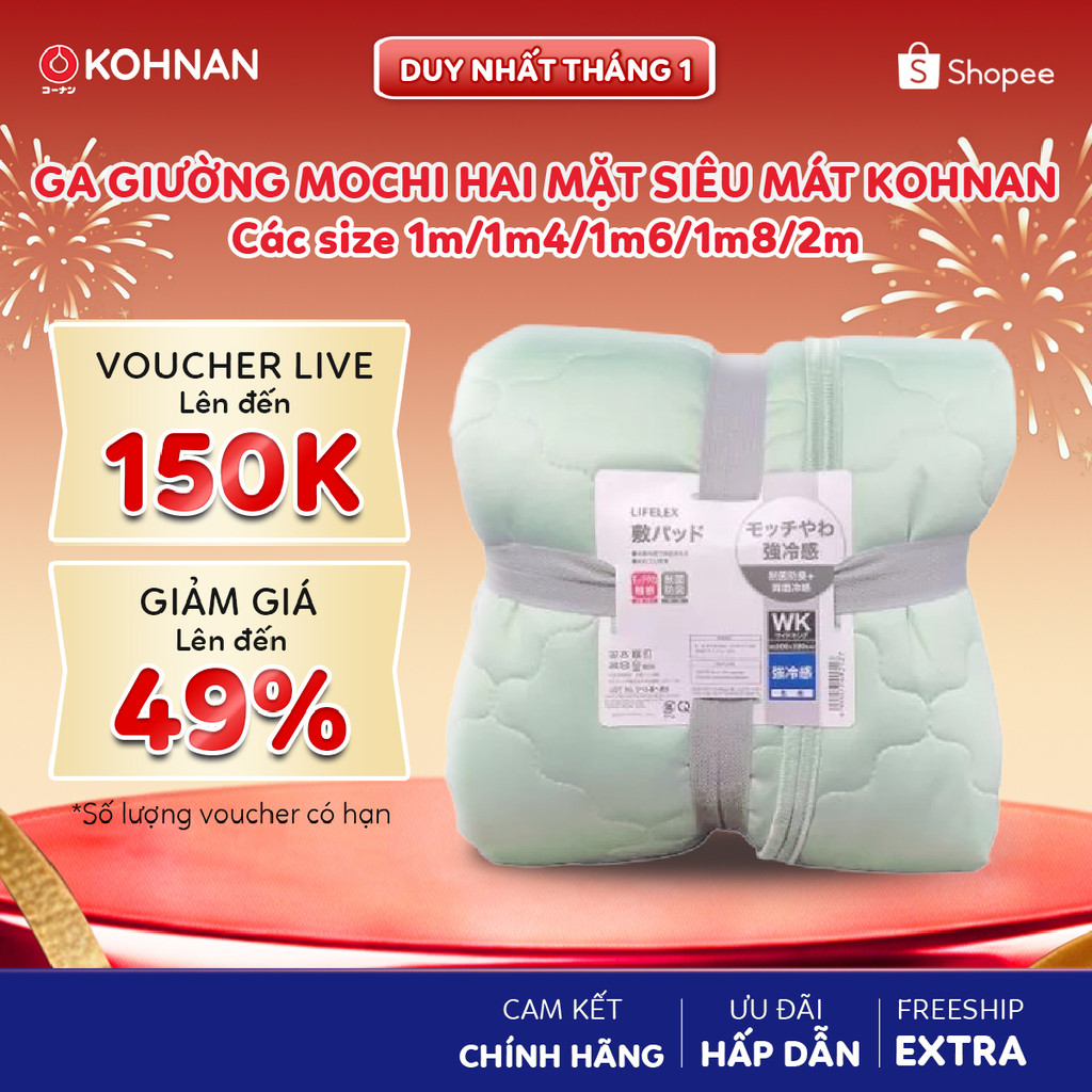 Ga giường mochi KOHNAN 2 mặt siêu mát lạnh, nhiều size S/D/Q/K/WK, dây chun bọc đệm dạng phủ mặt