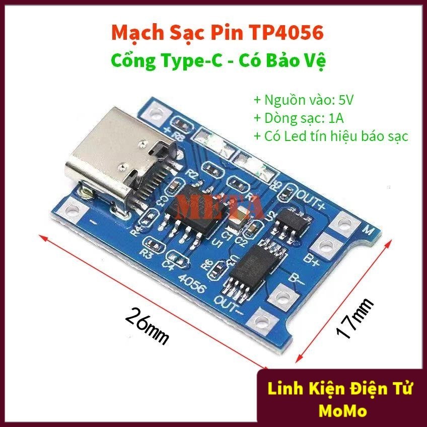 051 Mạch Sạc Pin TP4056 Cổng TYPE-C USB Có bảo vệ - Mạch Sạc Pin Lithium - Li-ion - 18650 TP4056
