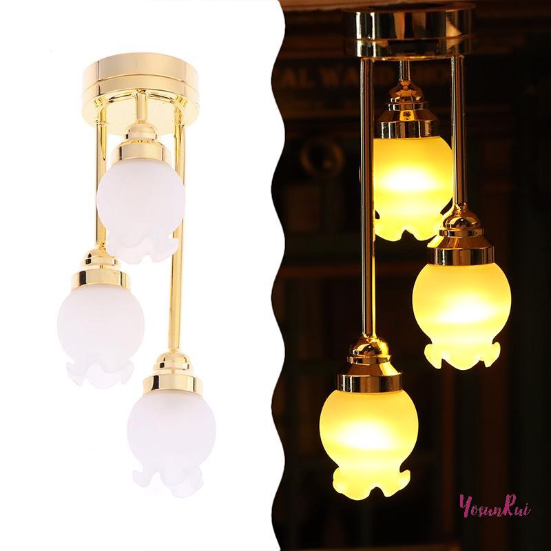 YosunRui] 1: 12 Nhà búp bê Đèn chùm LED thu nhỏ Đèn trần Bud 3 đầu Búp bê Nhà phòng khách Trang trí 