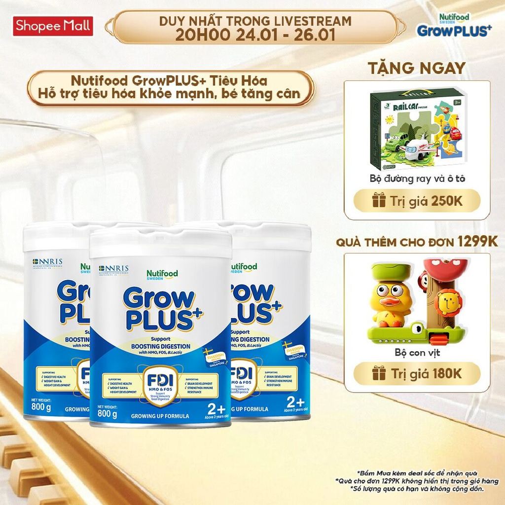 Combo 3 Sữa bột Nutifood Sweden GrowPLUS+ Tiêu Hóa (Xanh Nhạt) 2+ - Tiêu hóa khỏe, tăng cân (Lon 800