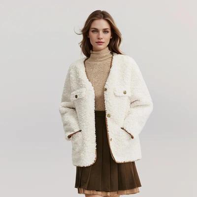Áo khoác nữ Semir giả lông thỏ cổ chữ V thả vai, phong cách retro mới cho mùa đông 2024
