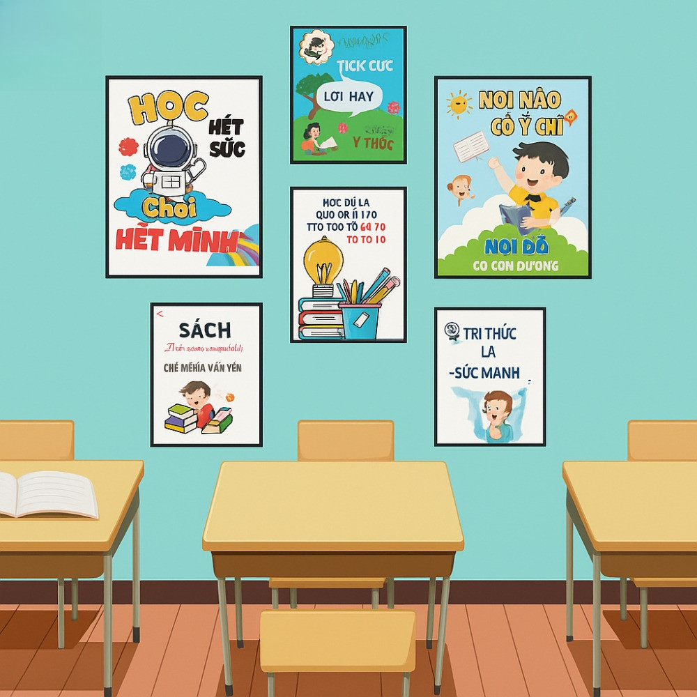 Bộ 6 Tranh Slogan Dán Tường Trang Trí Góc Học Tập, Lớp Học Cho Bé - Tranh Decor Phòng Ngủ, Bàn Học C
