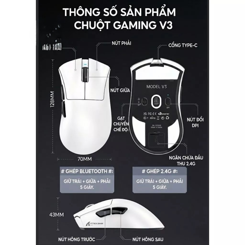 Chuột gaming không dây Attack Shark – V3 Series (PAW3311 / 1000Hz Polling Rate / Dock sạc RGB  Pro) | BigBuy360 - bigbuy360.vn