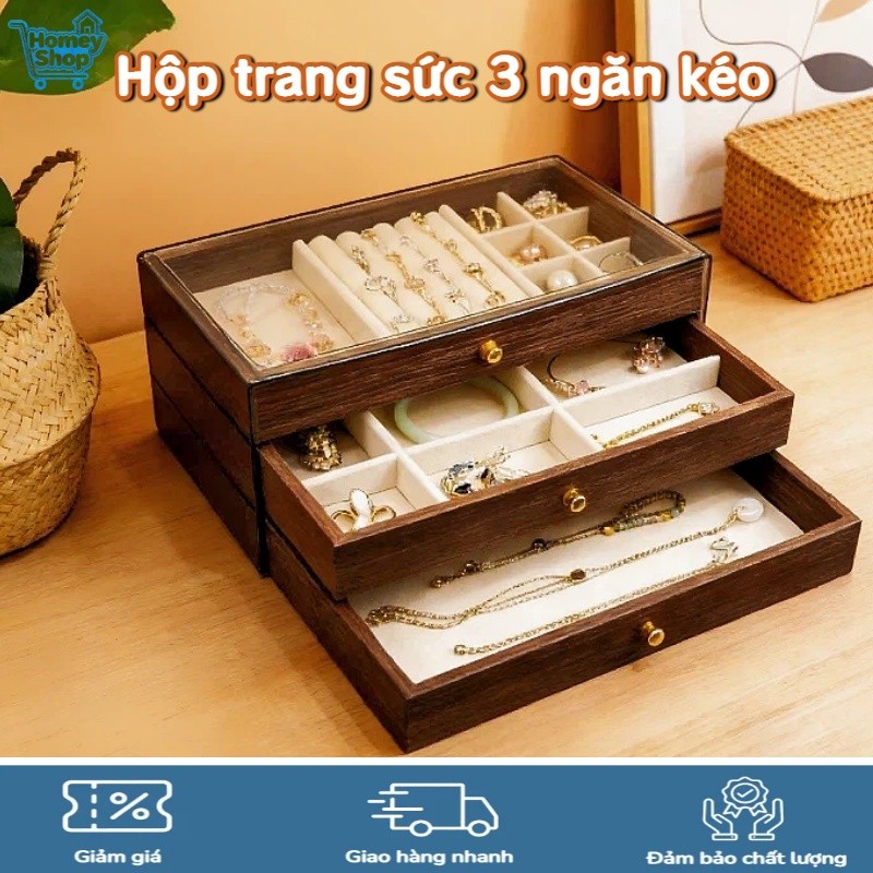HomeyShop-Hộp trang sức 3 ngăn kéo,chất liệu gỗ óc chó cao cấp, dung tích lớn cho vòng cổ, nhẫn và b