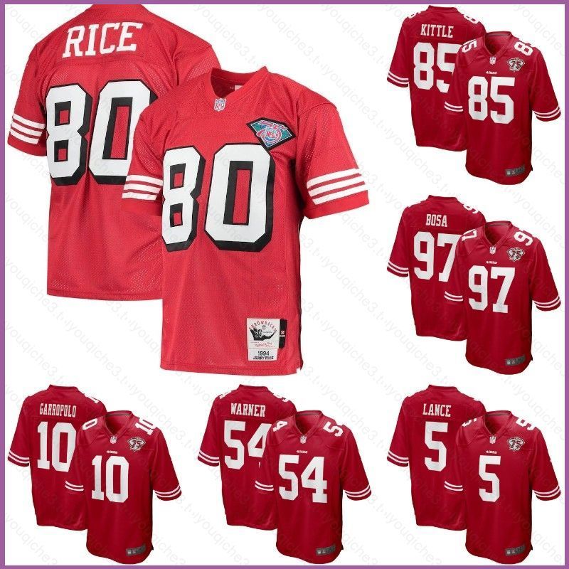 Bóng đá jersey San Francisco 49ers chính hãng với các cầu thủ nổi bật như Rice, Lance, Warner, Garro