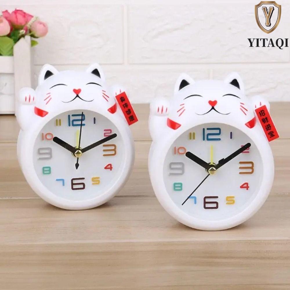YITAQI Đồng hồ báo thức mèo may mắn YITAQI, Đồng hồ báo thức trẻ em sáng tạo màu trắng, Đồng hồ hình