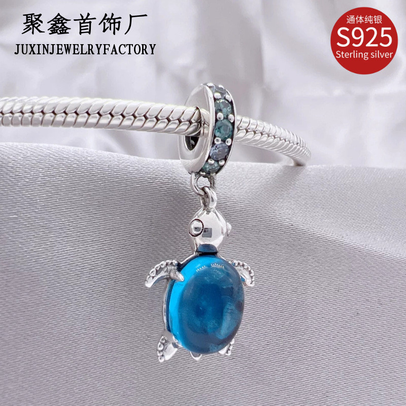 Dora beads925Sterling Silver Pendant Ocean Series Murano Glass Blue Sea Turtle Pendant diy Beads