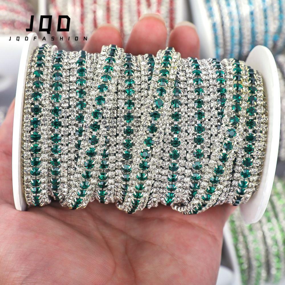 JQD 3Yards Pha Lê Dây Xích Viền, Kim Cương Giả 3 Hàng, Trang Sức Làm Đế Bạc Đầy Màu Sắc Bling May Vi