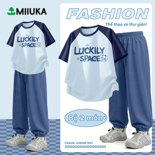MIIUKA bộ đồ bé trai áo thun cổ tròn cotton quần thể thao form rộng phong cách năng động (CLD+XFK)