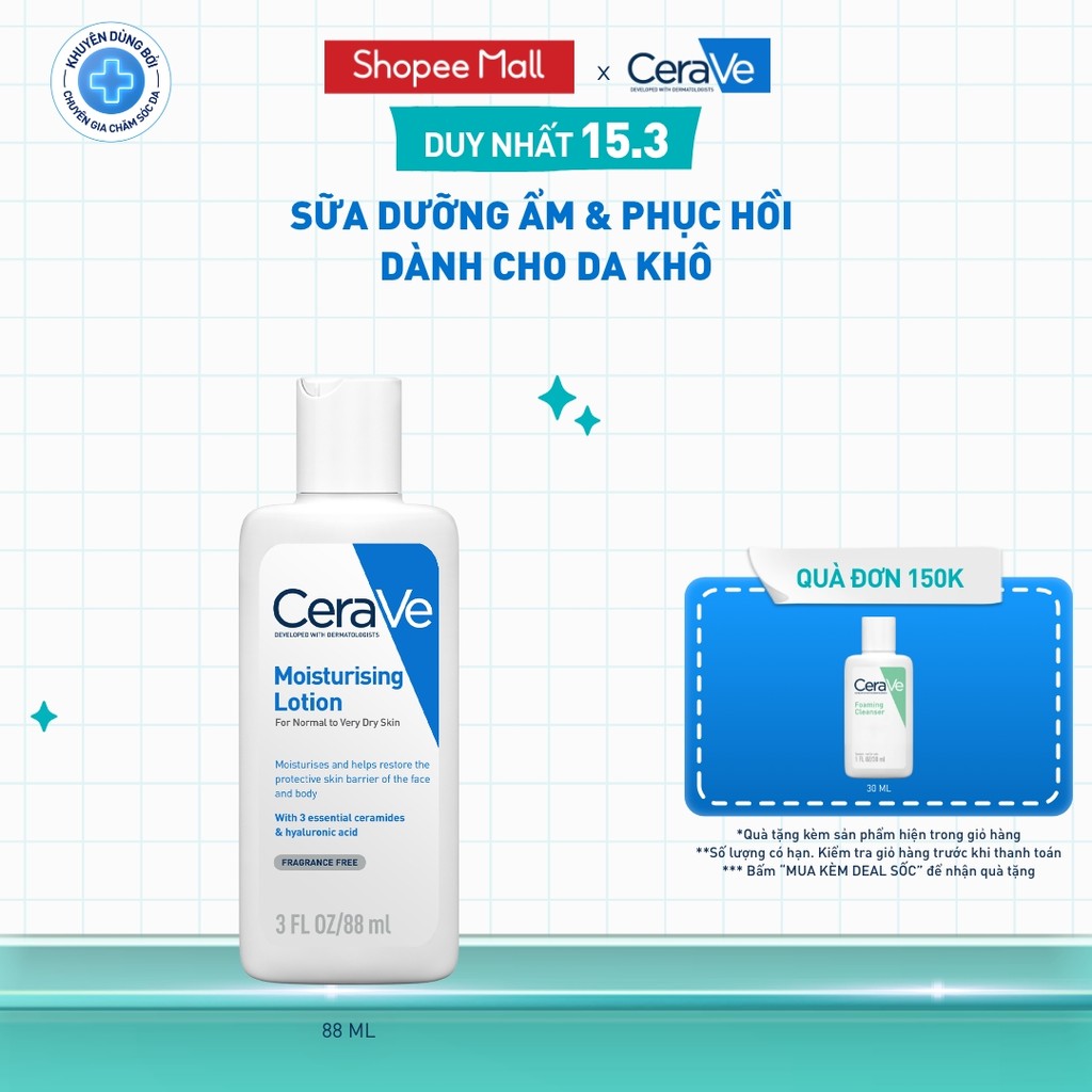 Sữa dưỡng ẩm phục hồi chuyên sâu và giữ da ẩm mịn suốt 48H CERAVE MOISTURISING LOTION 88ML