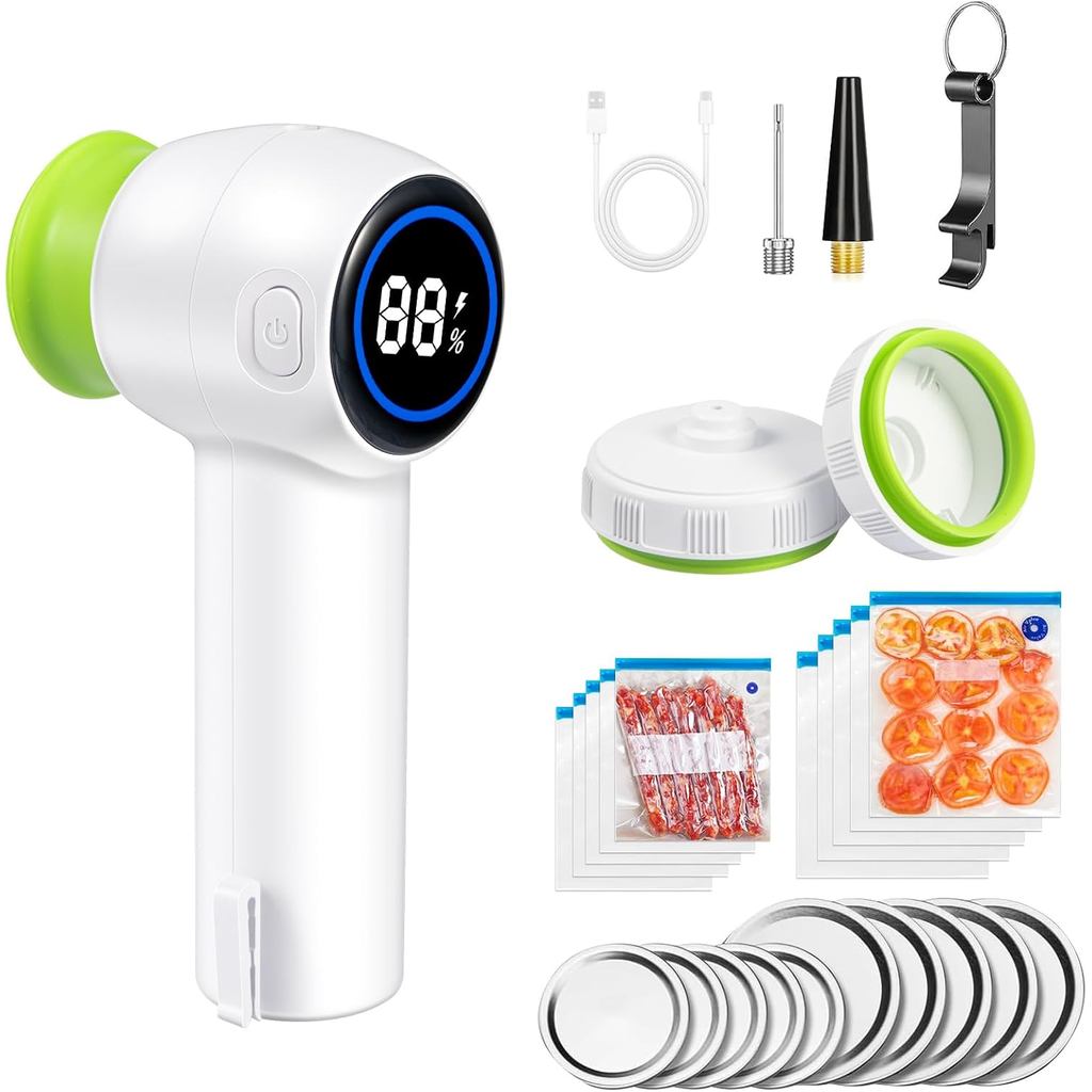 Máy hút chân không cho thực phẩm - Bộ dụng cụ hút chân không Mason Jar, Máy hút chân không nhỏ gọn tiết kiệm cầm tay có màn hình kỹ thuật số để bảo quản thực phẩm, dụng cụ nhà bếp (10 túi niêm phong & 1