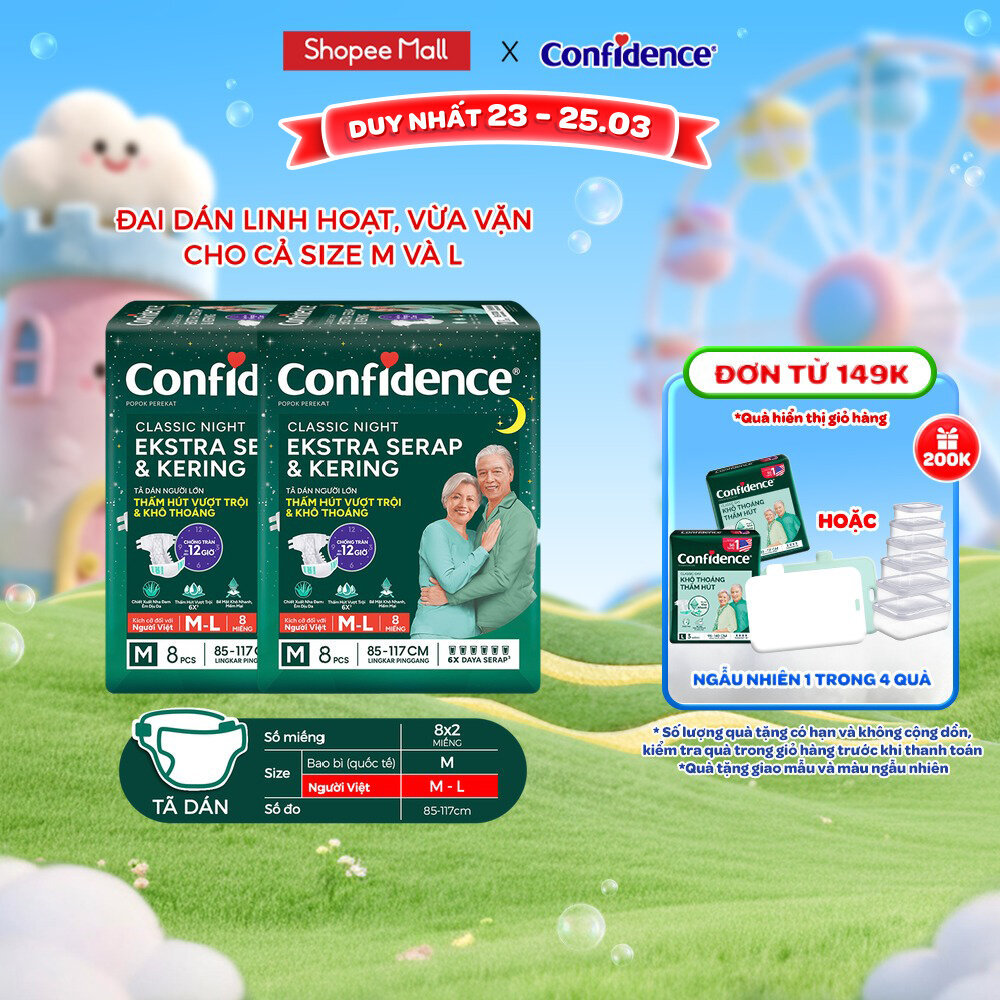 Combo 2 Tã dán ngưới lớn Confidence Thấm Hút Vượt Trội & Khô Thoáng M-L 8M/L-XL 7M