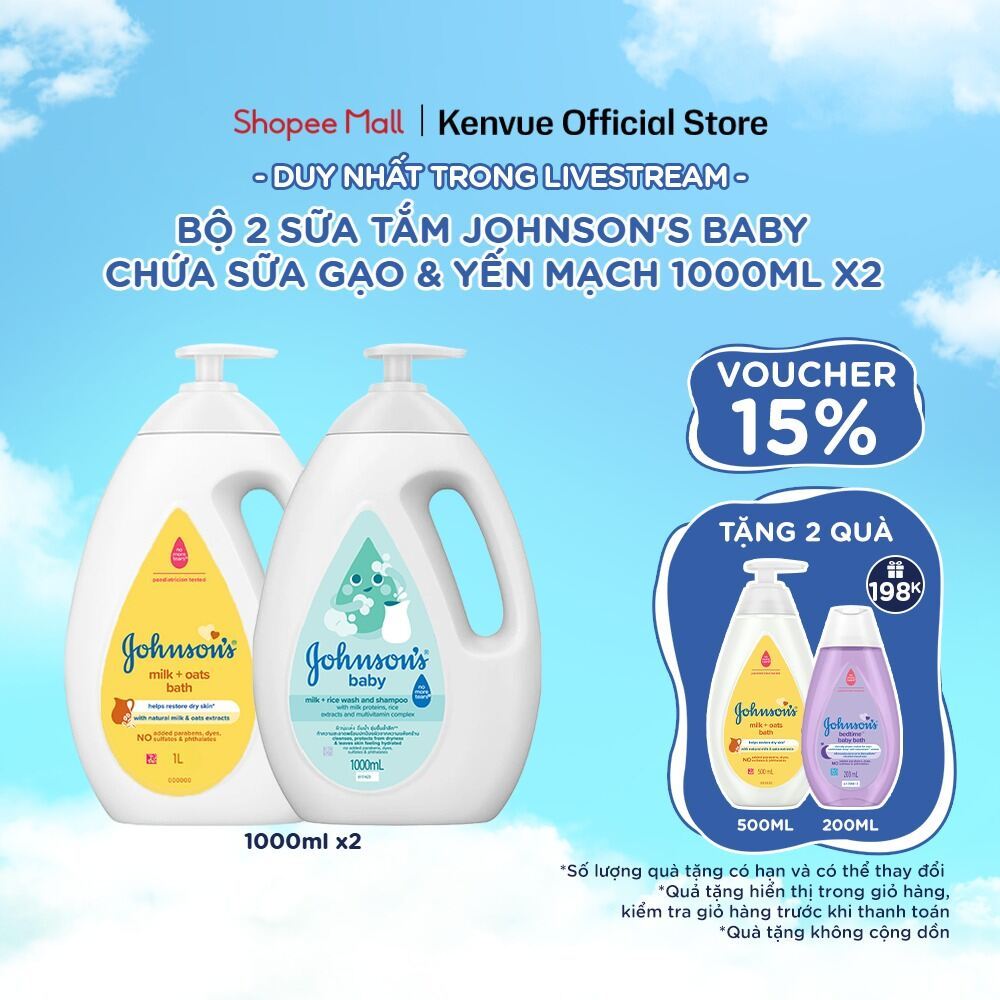 [KOL] Bộ 2 chai Sữa tắm Johnson's Baby chứa sữa gạo & yến mạch 1000ml