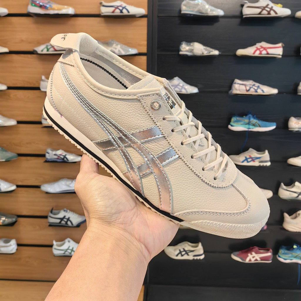 Giày thể thao chạy bộ unisex Onitsuka Tiger hổ da bò màu be bạc - GPZ-10