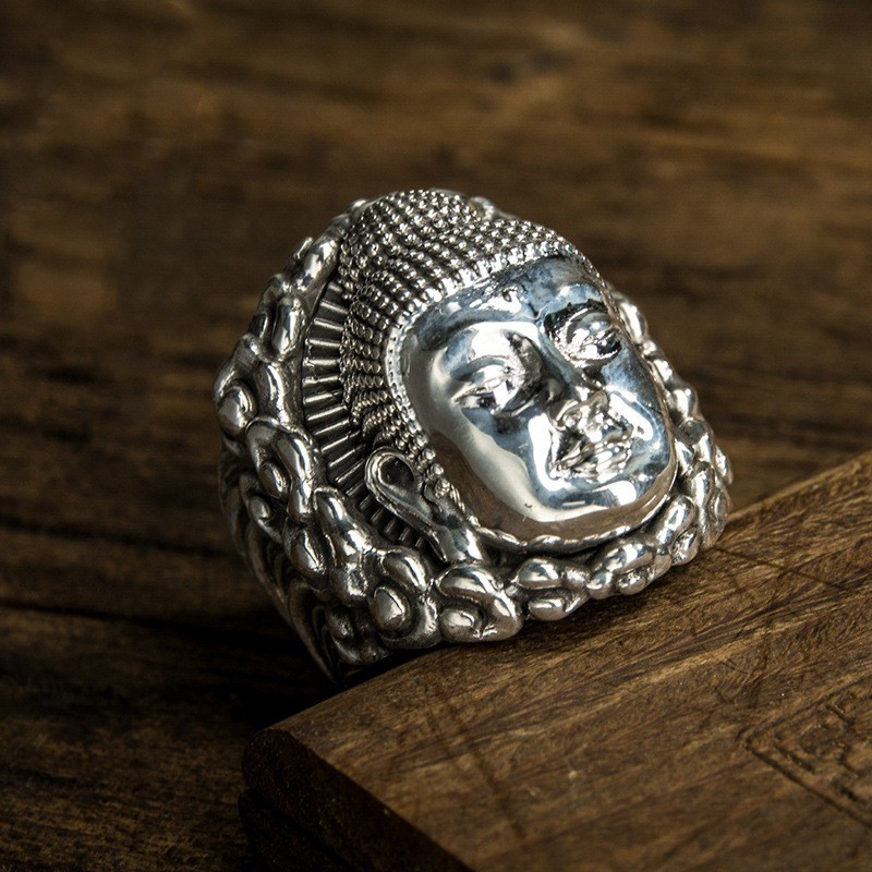 Premium In-Stock#12Zodiac Bodhisattva Pure Silver Ring Standing Buddha Pure Silver Ring Unisex Open 