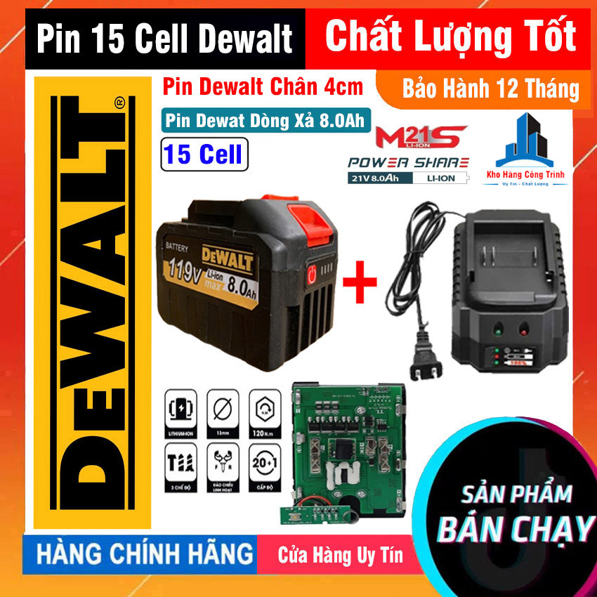Pin 15 cell mạch 8 mosfets vỏ chống sốc, pin máy khoan Dewalt 21v chân pin phổ thông 4cm