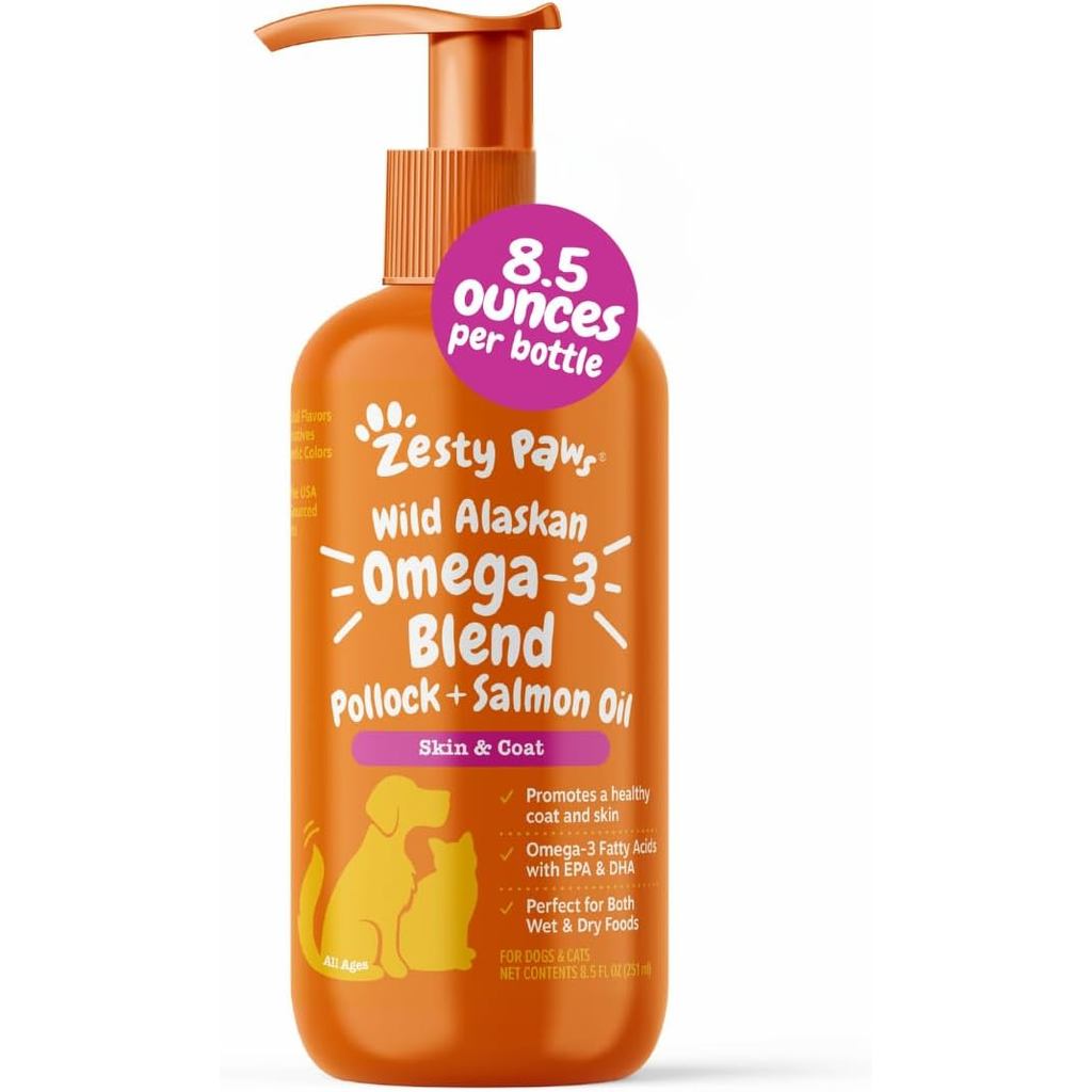 Zesty Paws Wild Alaskan Omega-3 Blend Pollock + Dầu cá hồi cho chó mèo- Hỗ trợ da và áo khoác, Bổ su
