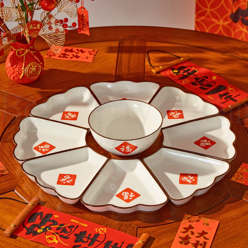 Bộ đồ ăn tiệc Reunion, bộ đồ ăn nhân vật Fu, đĩa họp mặt năm mới, đồ ăn gia đình
