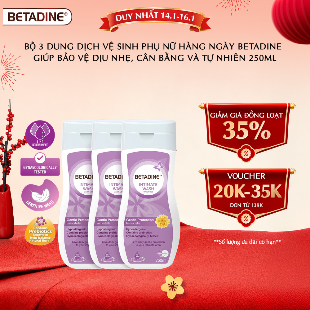 Bộ 3 Dung dich vệ sinh phụ nữ Betadine Bảo Vệ Dịu Nhẹ 250ml (250ml x 3)