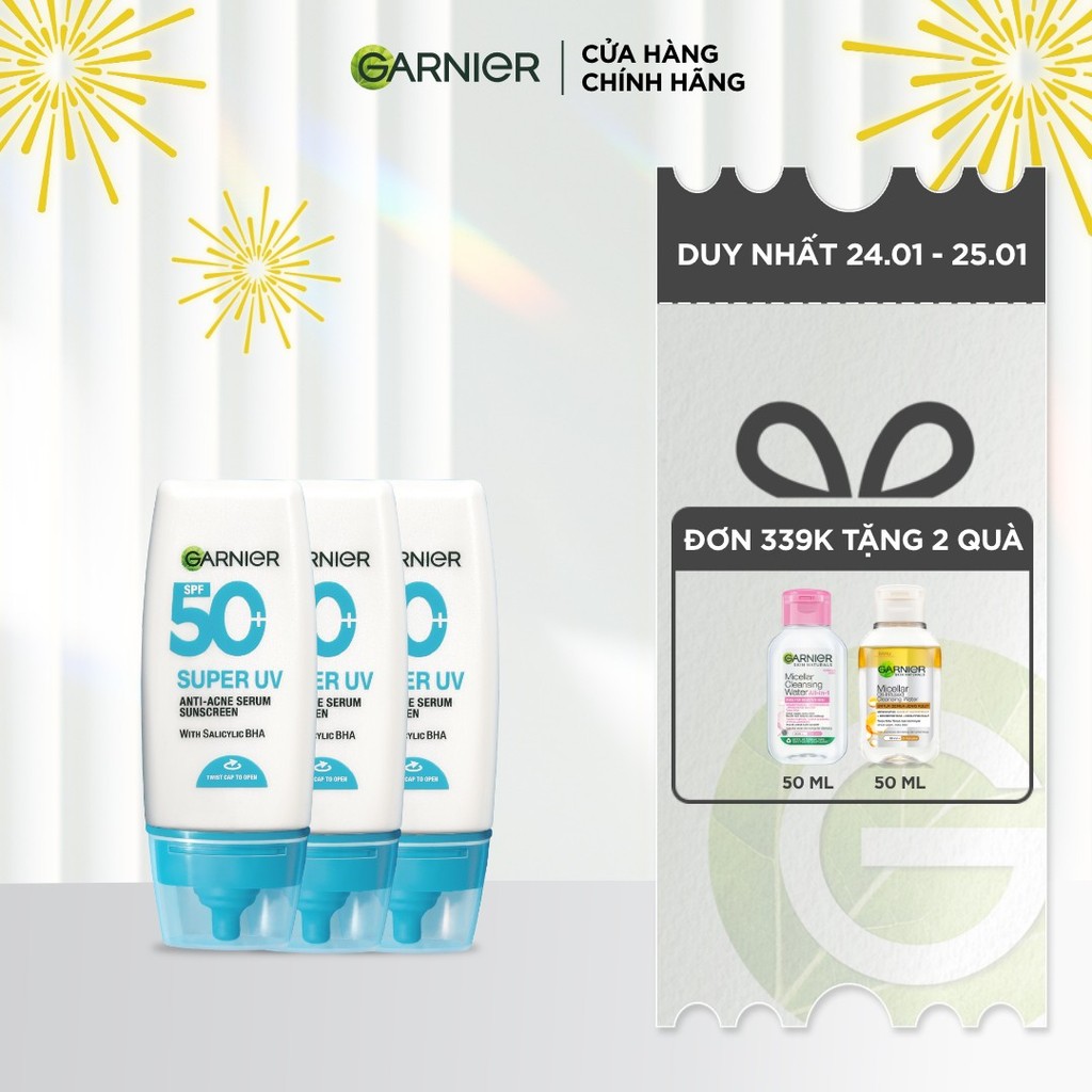 Bộ 3 Kem Chống Nắng Garnier Phổ Rộng 12h Kiềm Dầu & Hỗ Trợ Giảm Mụn SPF 50+PA++++ 30mlX3