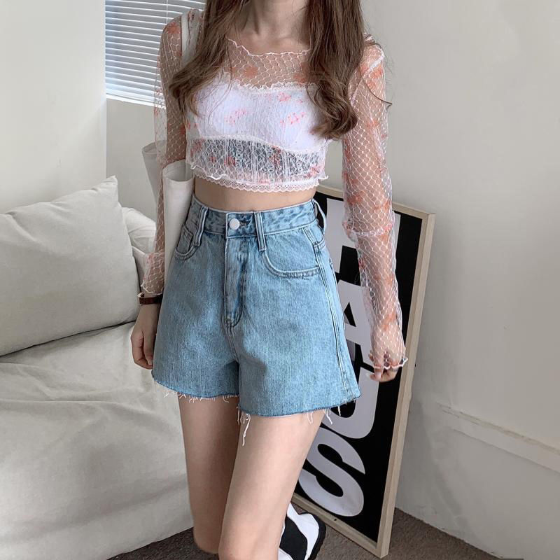 Quần Short Denim Nữ Phiên Bản Hàn Quốc Cao Cấp Màu Sắc Ánh Sáng Quần Short Denim Nữ Rời Chân Rộng Qu