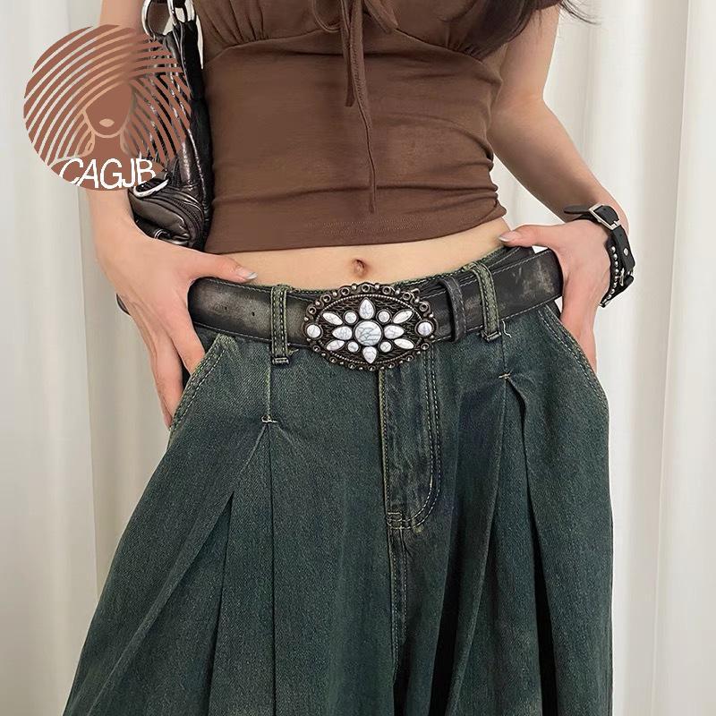 CAGJB Vintage Đá Trắng Bule Thắt Lưng Khắc Hoa Thắt Lưng Da Nổi Boho Thắt Lưng Phương Tây Quần Jean 