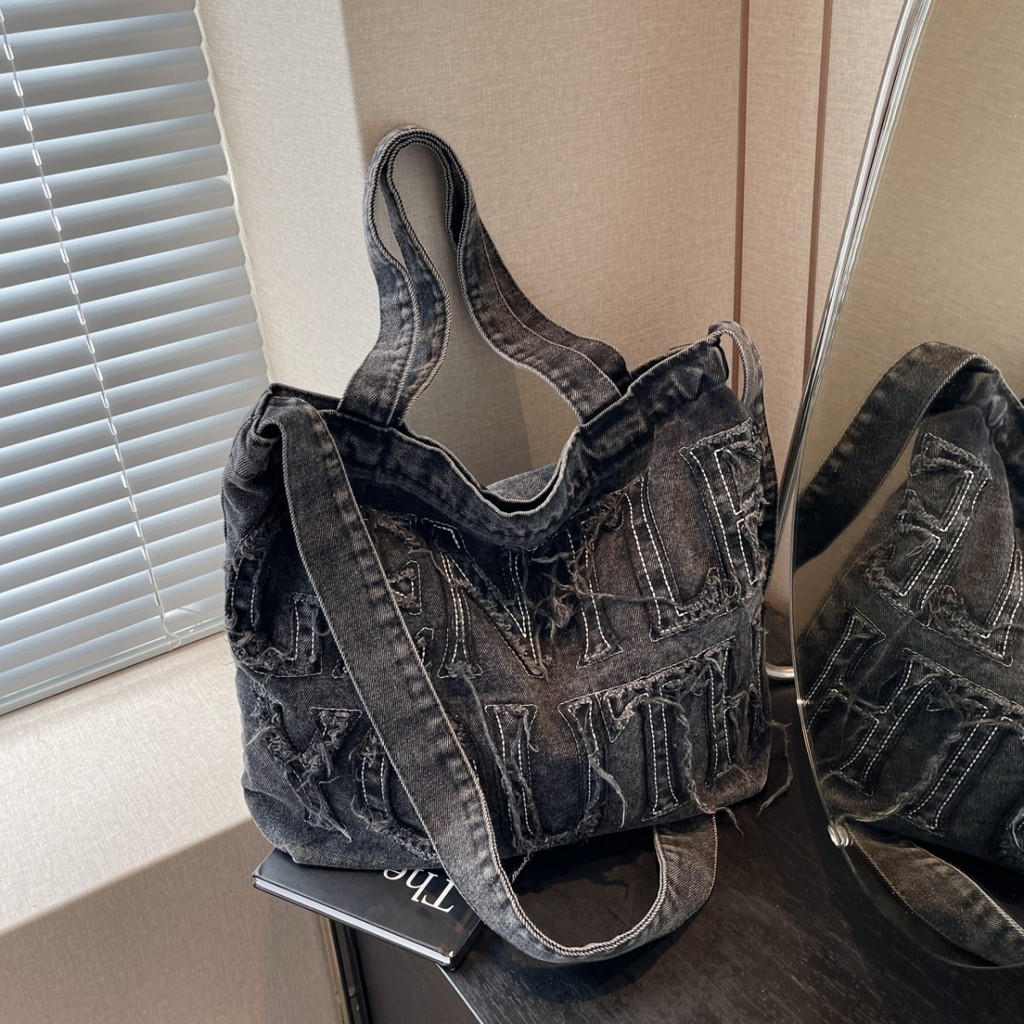 Phong cách tối giản Raw Edge Letter Design Jeans Canvas Tote Bag, Màu trơn Dung tích lớn