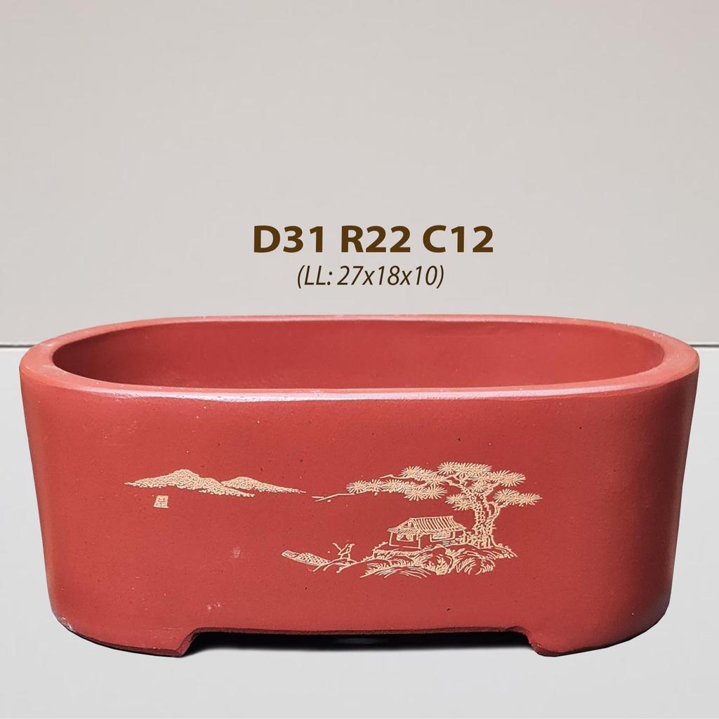 CHẦU TÀU BẦU DỤC - Men đỏ - CPD1054, kích thước 31x22x12, chậu gốm tàu cao cấp, chậu bonsai để bàn