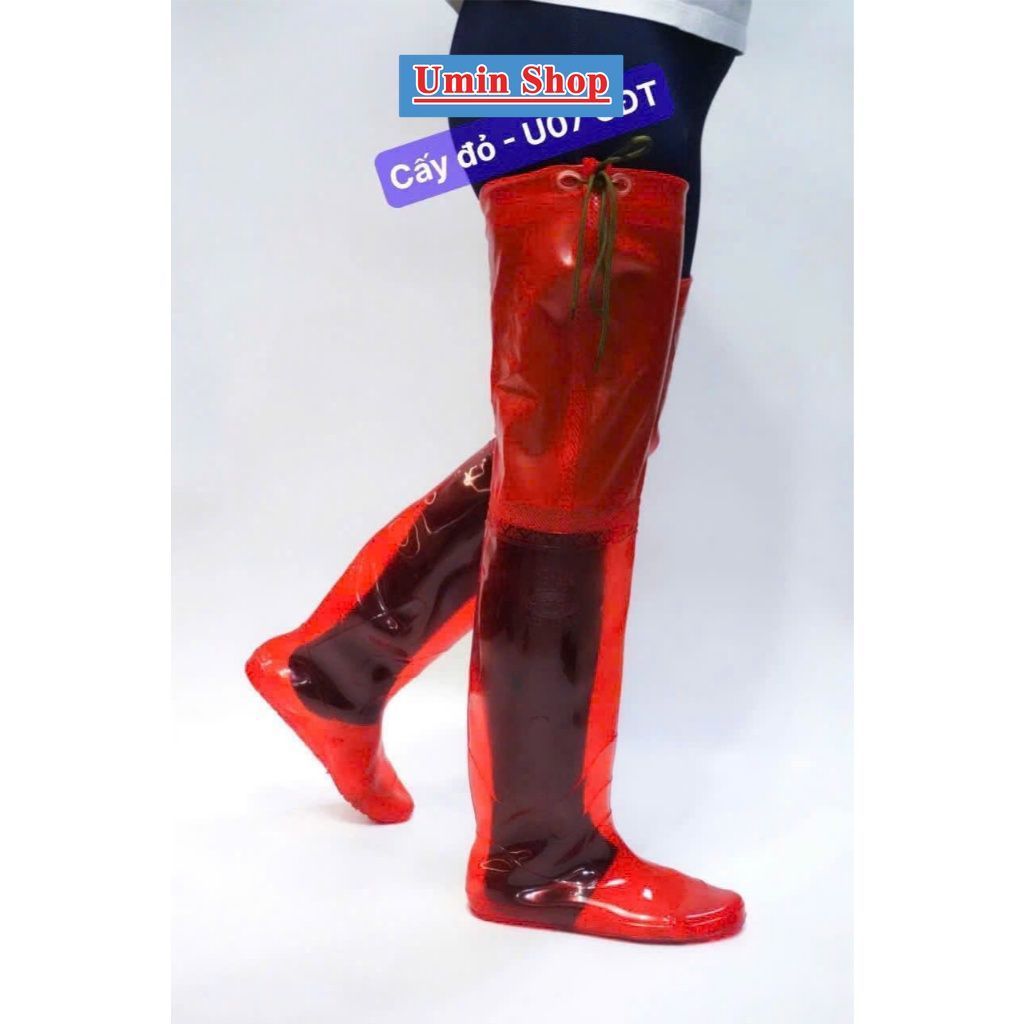 Ủng CẤY DÀI ĐỎ VK  đến đùi có dây buộc Hoa San size 35 - 43, ủng cấy dài