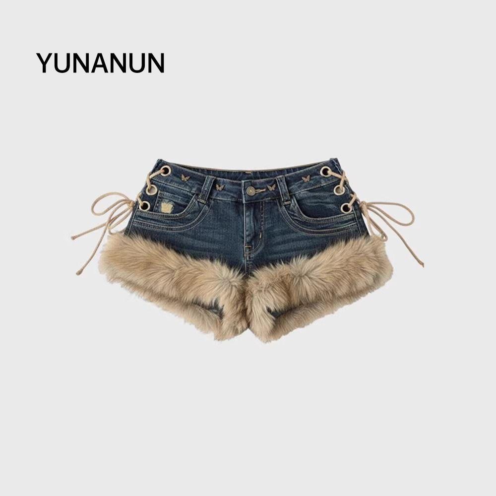 Quần Jean và Short Denim lông tơ Yunanun, Phong cách Y2K thời trang nữ