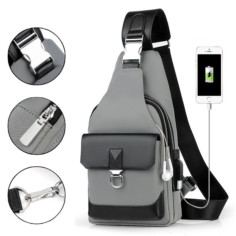 FE2 Nam Ngực Gói Da Túi Đeo Ngang Túi Schoolbag Giải Trí Dây Kéo Shoulde