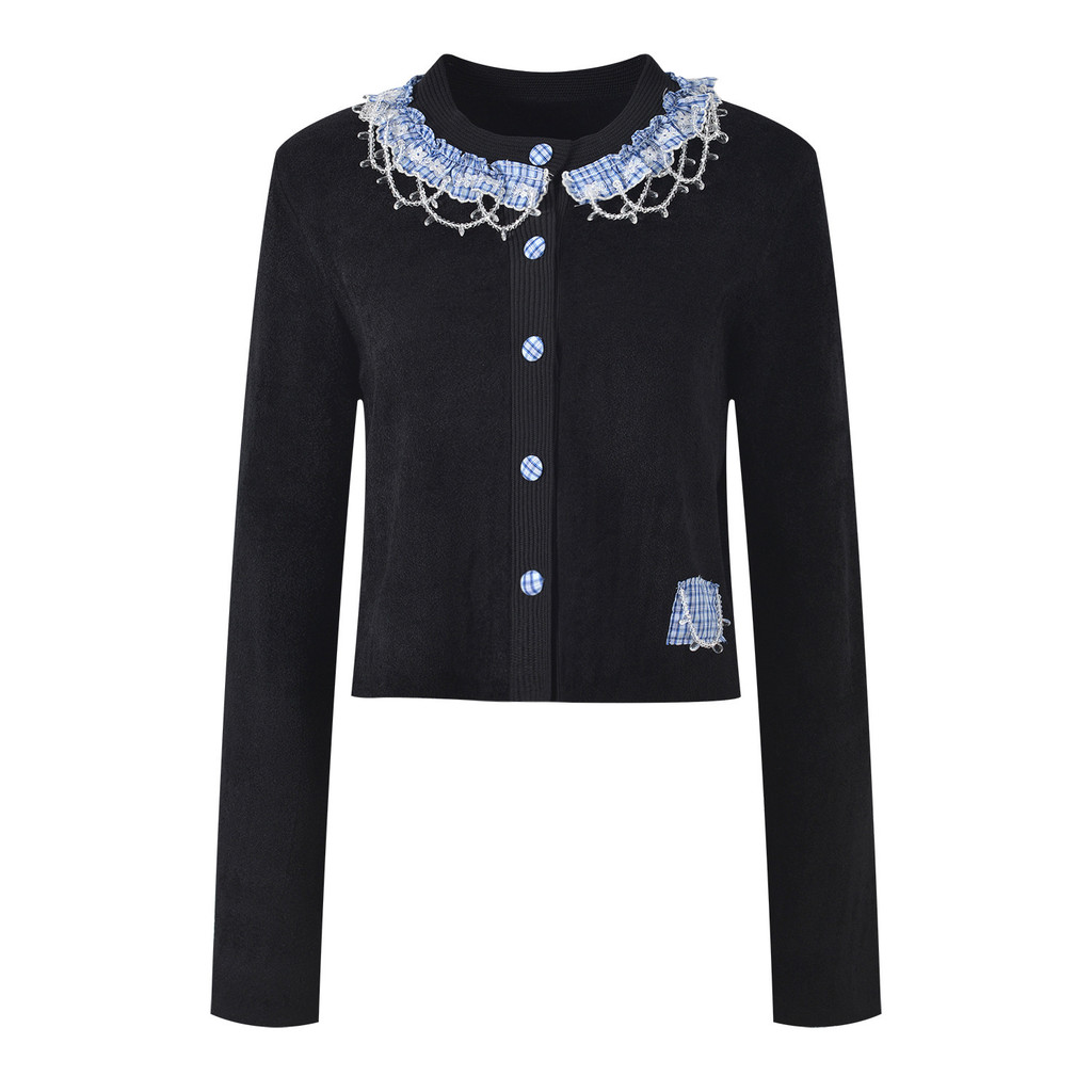 789V 2025Autumn Winter New Design Sense Collar Beaded Patchwork Slimming Fashion Age-Reducing Short 