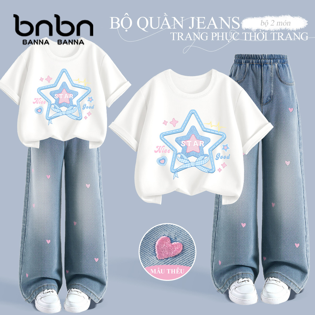 Bộ đồ hè cho bé gái, áo thun ngắn tay kết hợp quần jean ống rộng, thời trang dễ phối, size 3-14 tuổi