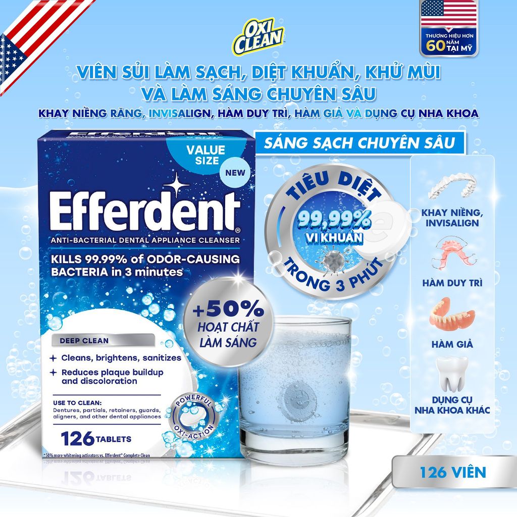 Hộp viên sủi vệ sinh làm trắng hàm duy trì và khay niềng răng Invisalign Efferdent Deep Clean Dentur