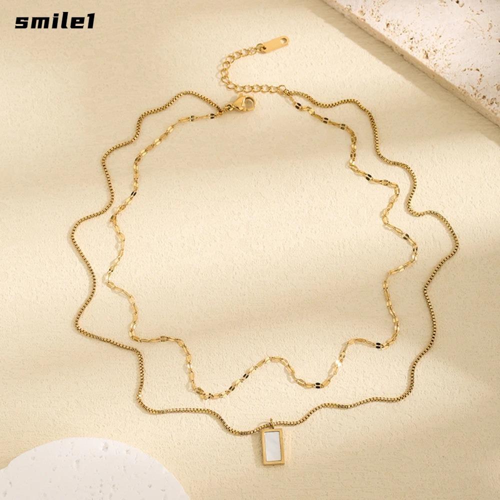 Vòng cổ hai lớp SMILE, Dây chuyền 2 lớp Thiết kế tối giản Vòng cổ mặt dây chuyền vuông, Thép titan Nhúng vỏ sò Vòng cổ Choker Trang sức nữ