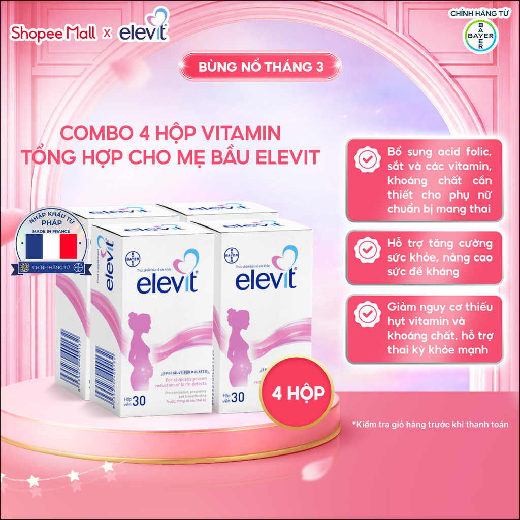 Bộ 4 Thực phẩm bảo vệ sức khỏe Elevit bổ sung Acid Folic, Sắt, Canxi, Các Vitamin và Các khoáng chất