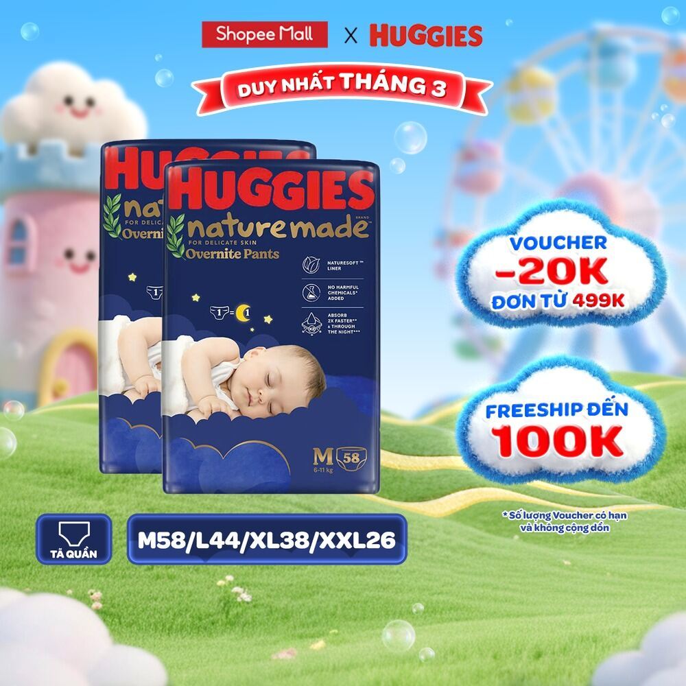 [Live Độc Quyền] Combo 2 Tã quần Huggies Naturemade ban đêm M58/L44/XL38/XXL26