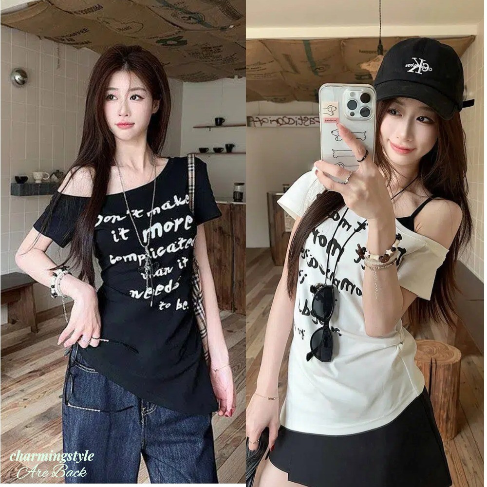 Áo Thun Ngắn Tay Trễ Vai Phong Cách Hàn Quốc Dành Cho Nữ Thời Trang Mùa Hè Mới Có in Chữ | BigBuy360 - bigbuy360.vn
