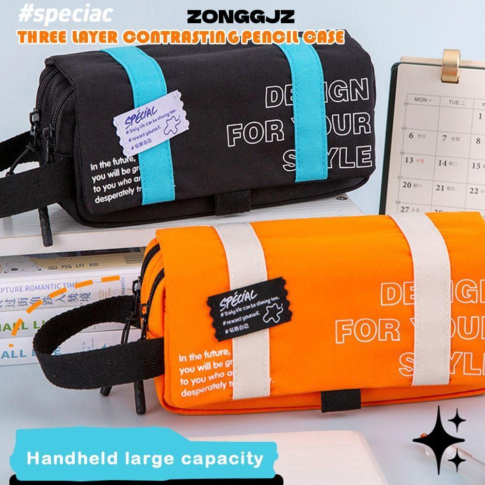 Bút Chì ZONGGJZ, Túi Đựng Bút 3 Lớp In Chữ, Bút Di Động Dung Tích Lớn Chống Bụi Bẩn Bền Đẹp Học Sinh