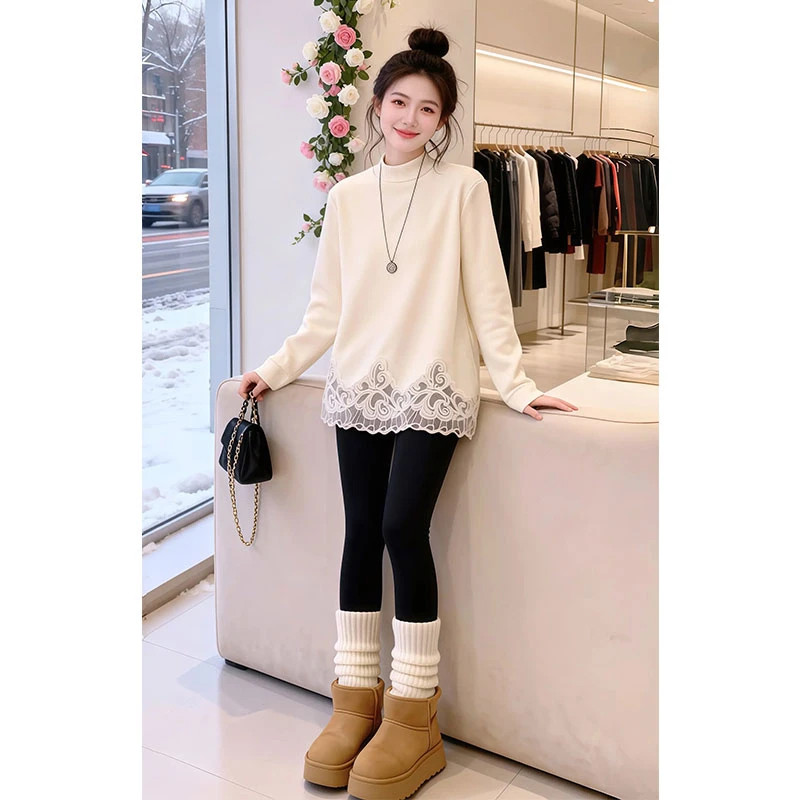 Cửa hàng Zhuzhu - Top ren nữ mùa đông, phong cách phương Tây, áo nỉ thoải mái