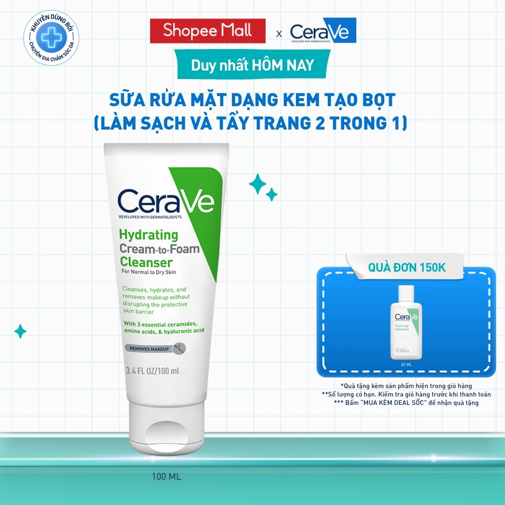 Sữa rửa mặt CeraVe dạng kem tạo bọt (làm sạch và tẩy trang 2 trong 1) Hydrating Cream-to-Foam Cleans
